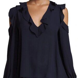 ALICE + OLIVIA Gia Ruffle Cold Shoulder navy blue Blouse top sz large